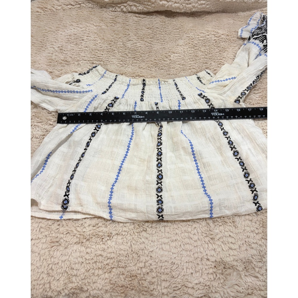 Boho Cottage Embroidered Off the Shoulder Top Small Linen Blend Smocked Crop - Picture 5 of 5